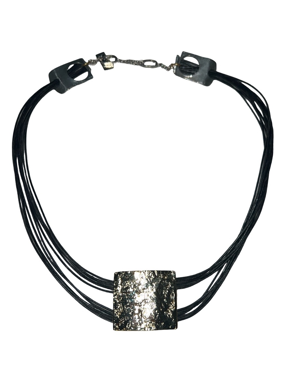 ANNE MARIE CHAGNON Modernist Pewter , Metal And Leather  Necklace 18”
